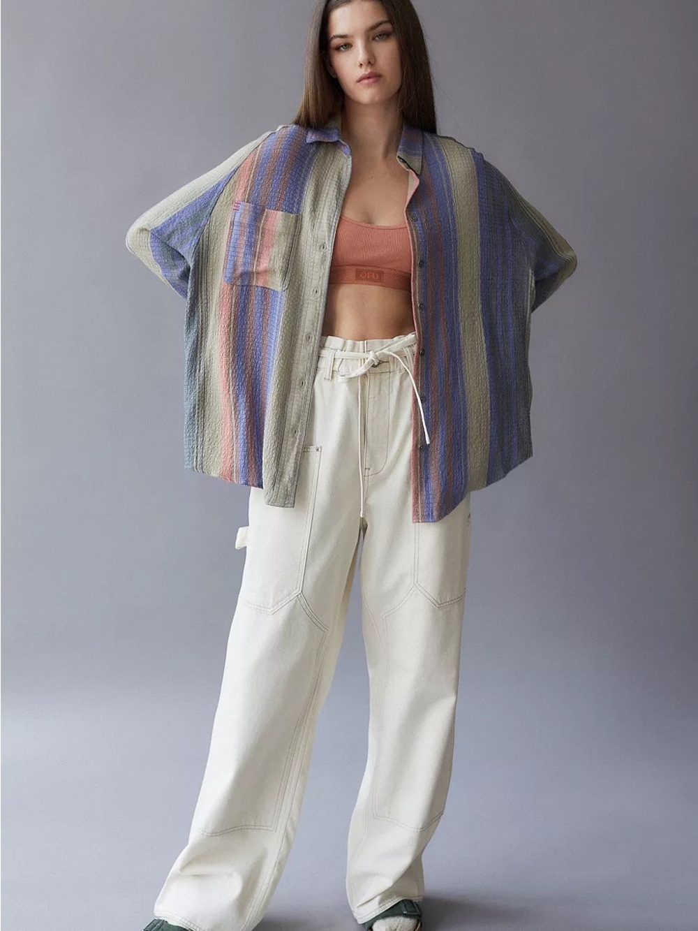 BDG Oversized Striped Button-Down Shirt in Blue, Green, Pink